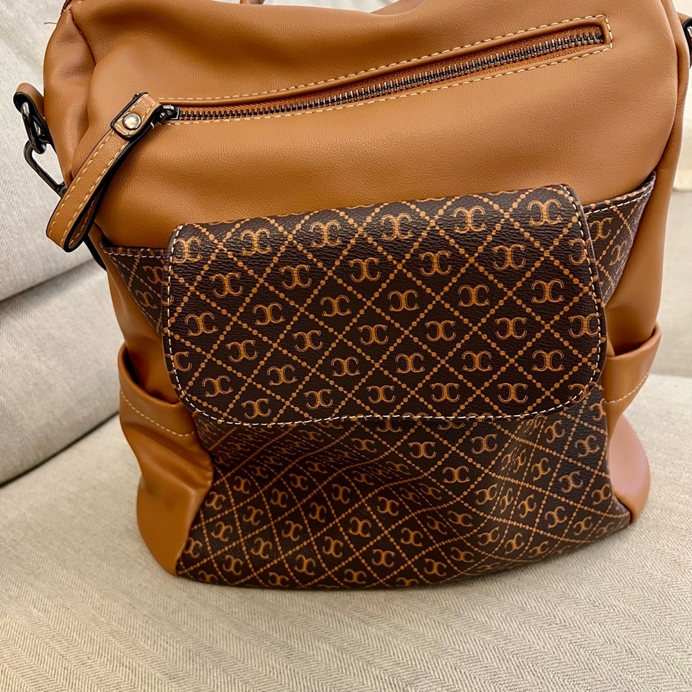 Brown and Tan Patterned Shoulder Bag/ Backpack